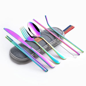 Dinnerware Set Travel Camping Cutlery Set Reusable Silverware with Metal Straw Spoon Fork Chopsticks and Portable Case