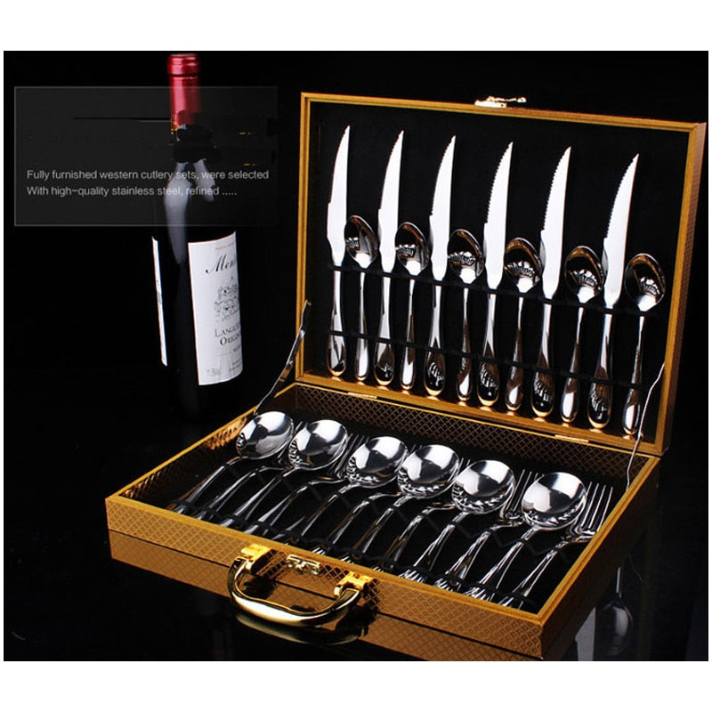 24 PCS Golden /black Dinnerware Set top Stainless Steel Dinner Cutlery Set With Gift Box 3 style  Knife and Fork