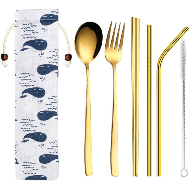 Korean Dinnerware Set Stainless Steel Portable Cutlery Chopsticks Fork Spoon with Metal Straws Cocktail for Travel Cutlery Set