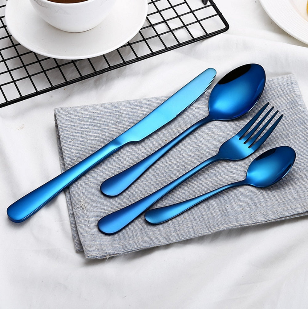 High-end cutlery 4 Pcs Blue color stainless steel knife and creative color Western steak fork and spoon christmas tableware set