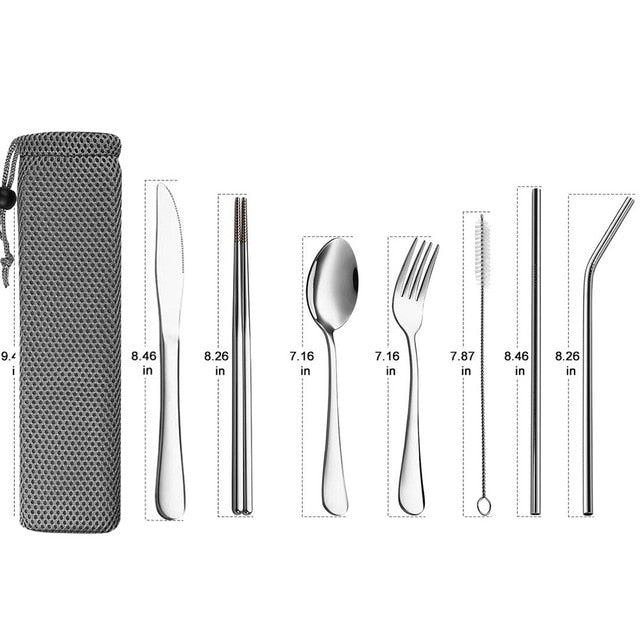 Dinnerware Set Travel Camping Cutlery Set Reusable Silverware with Metal Straw Spoon Fork Chopsticks and Portable Case